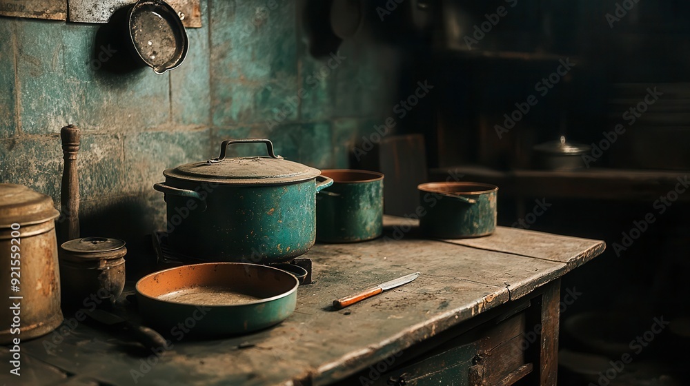 Authentic 1910s kitchen setting with period-appropriate cookware, home cooking, comfort Authentic 1910s kitchen setting with period-appropriate cookware, home cooking, comfort