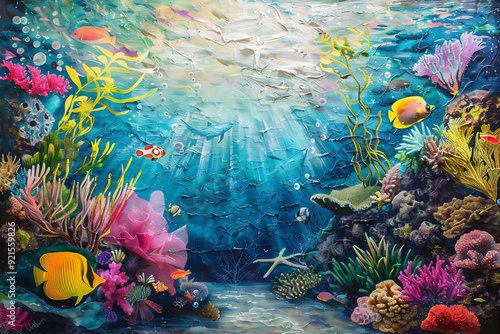 Underwater illustration with colorful fishes and corals, version 2