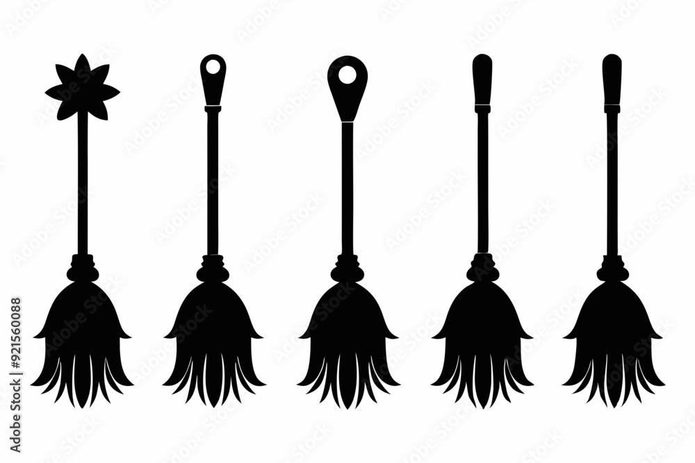 Naklejka premium Halloween broom black silhouette vector icon set