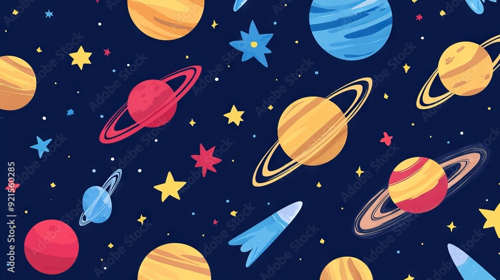 Seamless pattern with planets and comets. Texture with space objects in flat style Seamless pattern with planets and comets. Texture with space objects in flat style