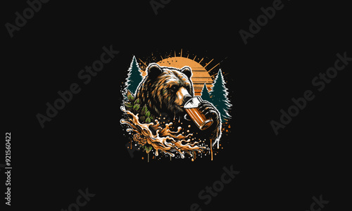 grizzly holding drink on forest vector illustration artwork design