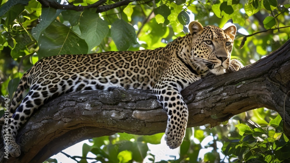 Graceful Leopard Lounging on Tree Branch Graceful Leopard Lounging on Tree Branch