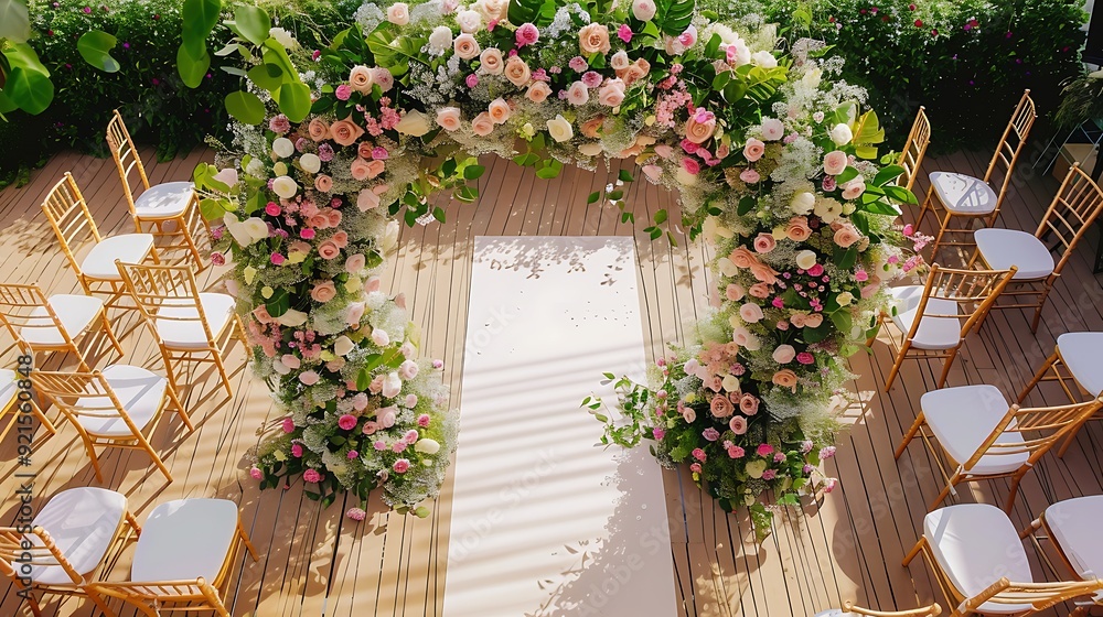 Naklejka premium Wedding arch decorated with pink and white roses, soft focus