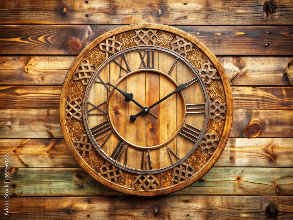 Obraz premium Rustic wooden wall clock with Roman numerals and ornate details hangs on a distressed wooden background, adding a touch of vintage charm to any room.