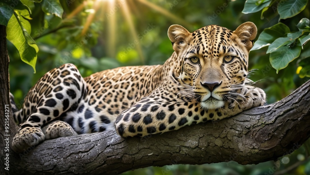 Graceful Leopard Lounging on Tree Branch Graceful Leopard Lounging on Tree Branch