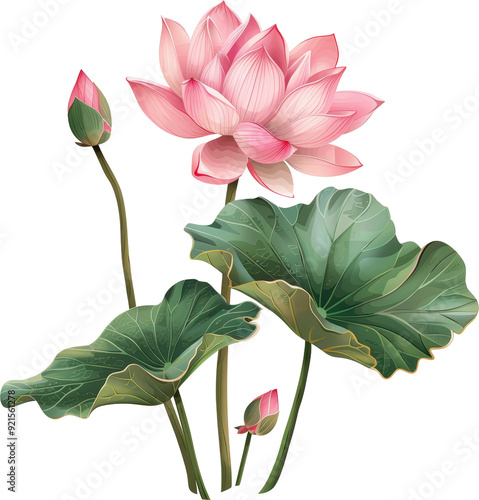 A delicate pink lotus flower with two buds, surrounded by lush green leaves.