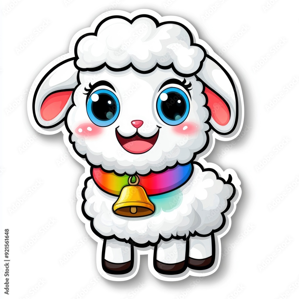 Cute Cartoon Lamb with Rainbow Collar and Bell Cute Cartoon Lamb with Rainbow Collar and Bell