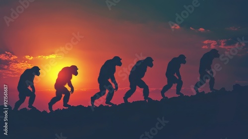 Human evolution. A study of the sequence of biological evolution of Homo sapiens. monkey, ape, ancient humans, modern humansShadows reflecting light when the sun sets. Silhouette concept