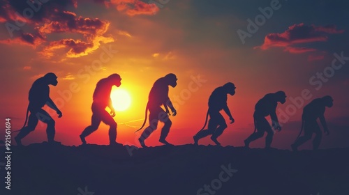 Human evolution. A study of the sequence of biological evolution of Homo sapiens. monkey, ape, ancient humans, modern humansShadows reflecting light when the sun sets. Silhouette concept