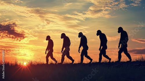 Human evolution. A study of the sequence of biological evolution of Homo sapiens. monkey, ape, ancient humans, modern humansShadows reflecting light when the sun sets. Silhouette concept