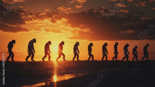 Human evolution. A study of the sequence of biological evolution of Homo sapiens. monkey, ape, ancient humans, modern humansShadows reflecting light when the sun sets. Silhouette concept