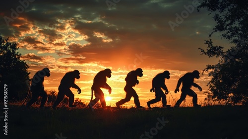 Human evolution. A study of the sequence of biological evolution of Homo sapiens. monkey, ape, ancient humans, modern humansShadows reflecting light when the sun sets. Silhouette concept