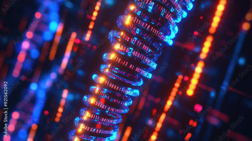 Abstract genetic code illuminated with neon lights, featuring a designated area for text Abstract genetic code illuminated with neon lights, featuring a designated area for text