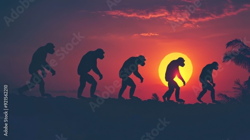Human evolution. A study of the sequence of biological evolution of Homo sapiens. monkey, ape, ancient humans, modern humansShadows reflecting light when the sun sets. Silhouette concept