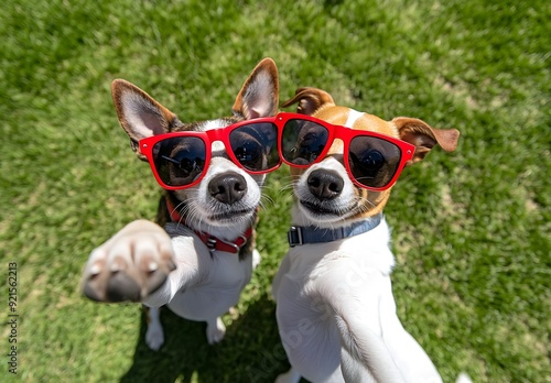 Cool Dogs Wearing Red Sunglasses on Green Grass. photo