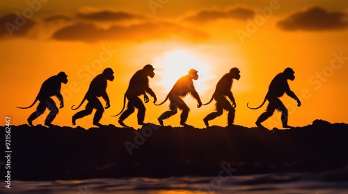 Human evolution. A study of the sequence of biological evolution of Homo sapiens. monkey, ape, ancient humans, modern humansShadows reflecting light when the sun sets. Silhouette concept