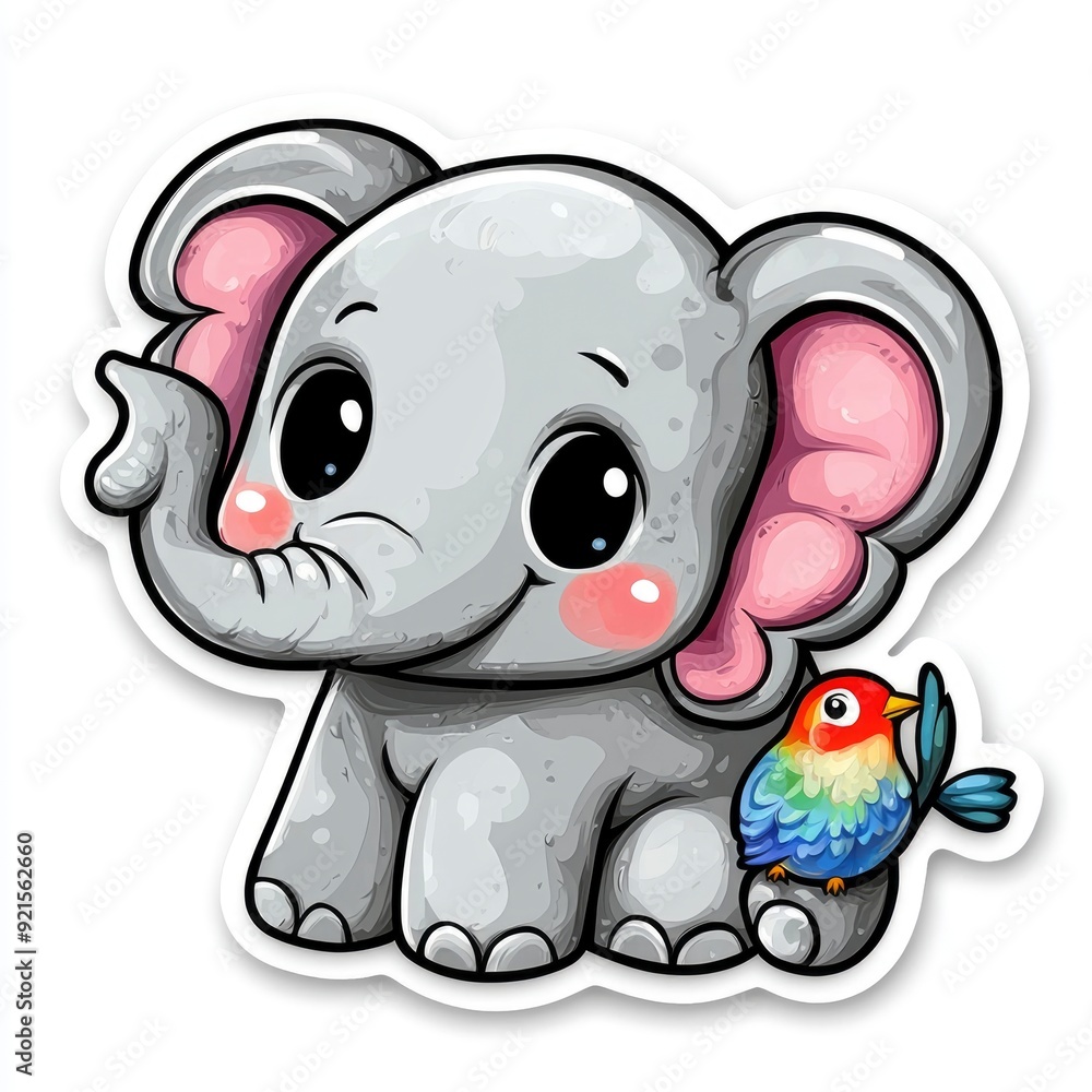 Fototapeta premium Cute Cartoon Elephant with a Bird Friend