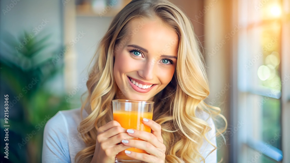A Young Woman Prepares Healthy Breakfast and Enjoys Fresh Orange Juice A Young Woman Prepares Healthy Breakfast and Enjoys Fresh Orange Juice