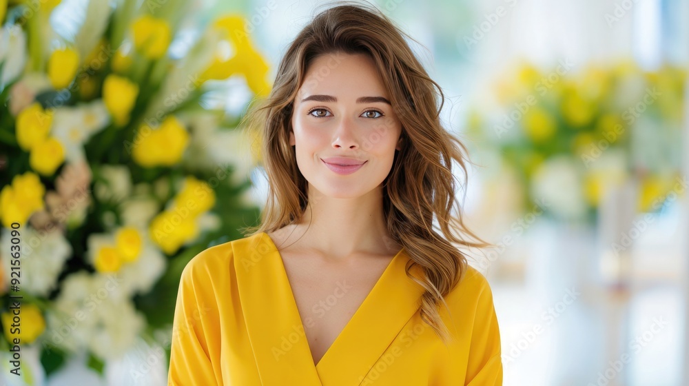 Young woman in yellow dress standing indoors with bright yellow flowers in the background, smiling confidently. Young woman in yellow dress standing indoors with bright yellow flowers in the background, smiling confidently.