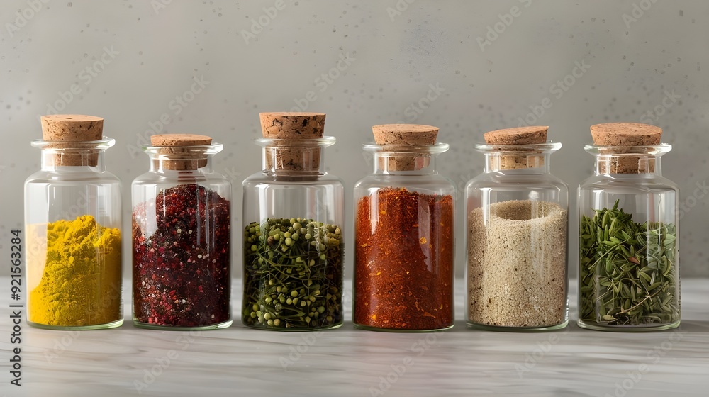 Aromatic Essence: A collection of glass spice jars with cork lids, filled with vibrant spices and herbs, neatly arranged on a marble countertop against a muted backdrop. Aromatic Essence: A collection of glass spice jars with cork lids, filled with vibrant spices and herbs, neatly arranged on a marble countertop against a muted backdrop.