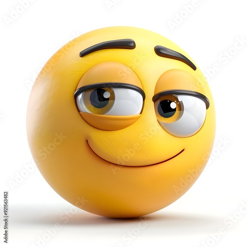 Smug Emoji: A 3D rendering of a yellow emoji with a smug expression. The emoji's eyes are half-closed and its mouth is slightly curved into a smirk.