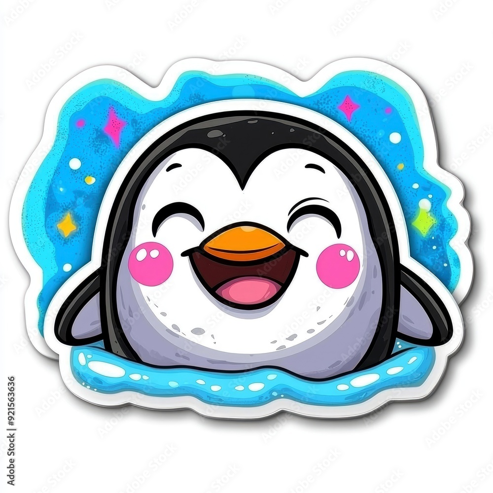 Cute Cartoon Penguin with Happy Expression in Water with Sparkle Background Cute Cartoon Penguin with Happy Expression in Water with Sparkle Background