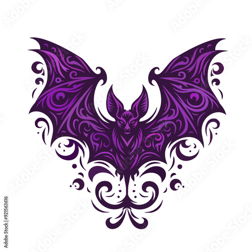  Purple bat tattoo design, symmetrical, vector illustration, white background, with filigree, gothic style.