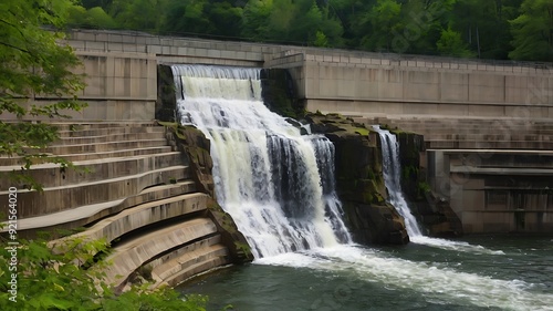 waterfall with a concrete dam in the foreground