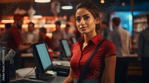 Smiling, young and attractive saleswoman, cashier serving customers.