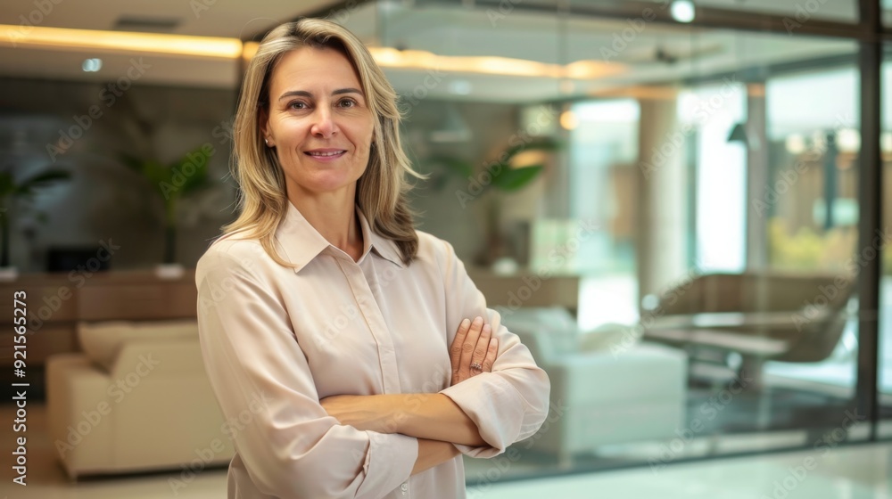 Confident businesswoman with crossed arms smiling in modern office, facing camera, embodying success in professional attire with sleek hairstyle. Confident businesswoman with crossed arms smiling in modern office, facing camera, embodying success in professional attire with sleek hairstyle.