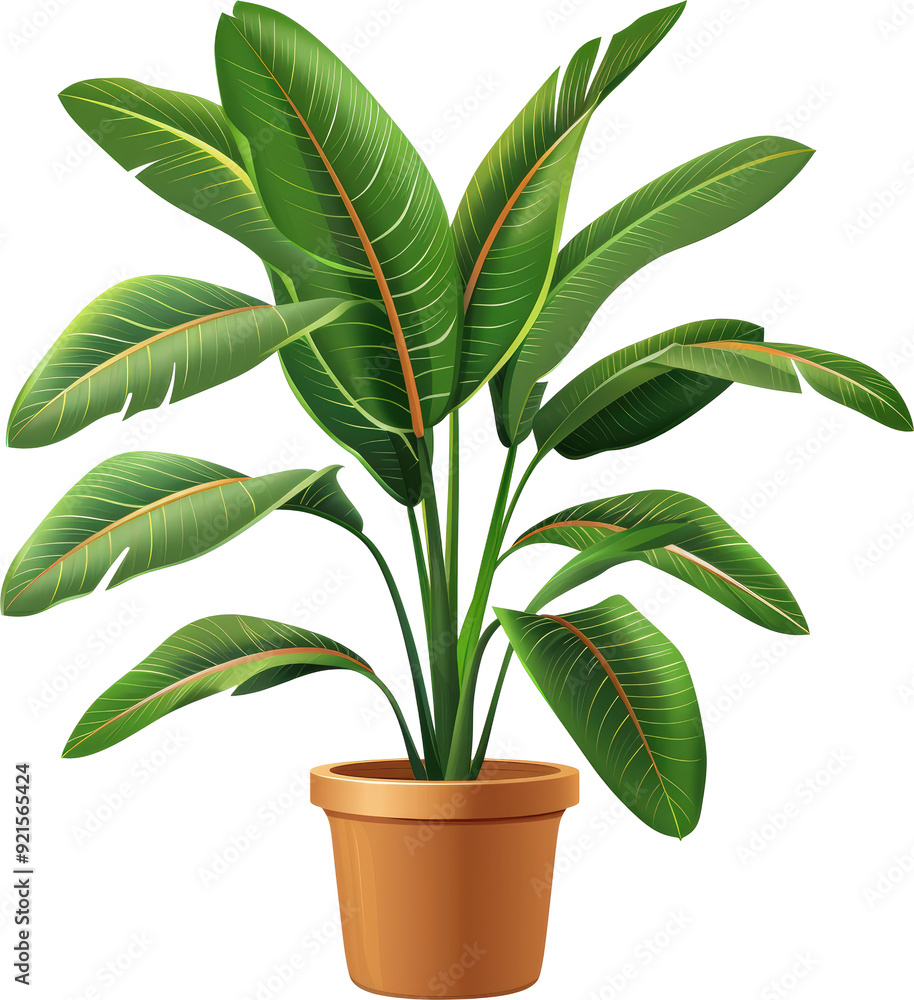 A lush green plant with large leaves in a terracotta pot. A lush green plant with large leaves in a terracotta pot.