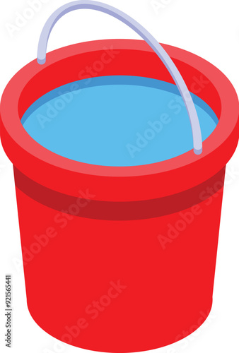 Red bucket holding water isometric icon, cleaning service concept