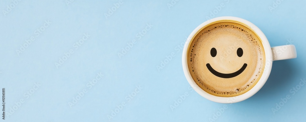 A cheerful cup of coffee with a smiley face design, set against a soft blue background, perfect for uplifting imagery. A cheerful cup of coffee with a smiley face design, set against a soft blue background, perfect for uplifting imagery.