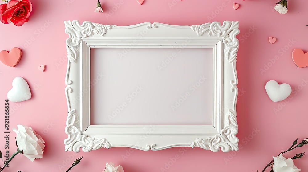 Minimalist white picture frame on a pink backdrop, Valentines Day-themed elements subtly integrated, stylish and romantic Minimalist white picture frame on a pink backdrop, Valentines Day-themed elements subtly integrated, stylish and romantic