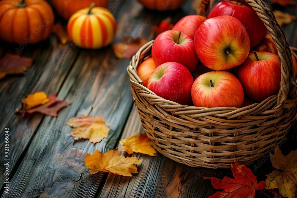 3. A close-up shot of a basket filled with freshly picked apples and pumpkins, set against a backdrop of a rustic wooden table, with golden autumn leaves scattered around 3. A close-up shot of a basket filled with freshly picked apples and pumpkins, set against a backdrop of a rustic wooden table, with golden autumn leaves scattered around