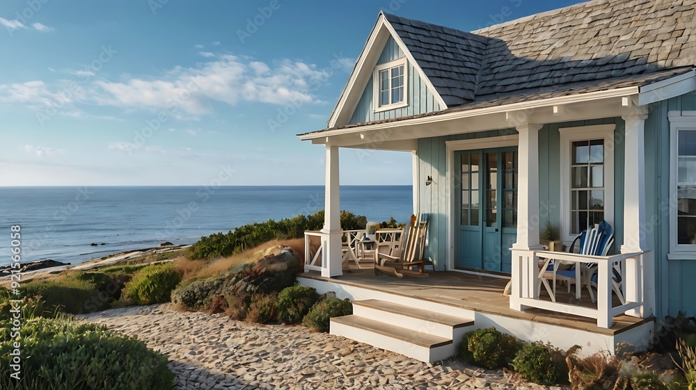 small, blue house with a white picket fence, small, blue house with a white picket fence,
