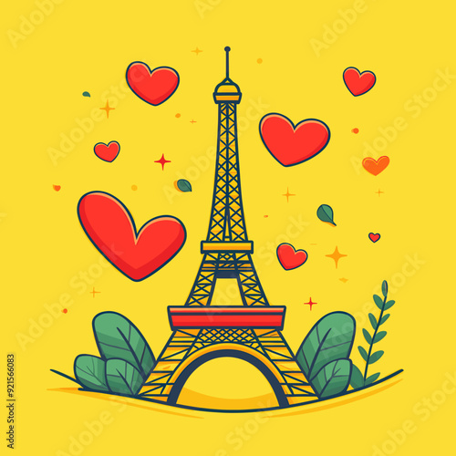 Whimsical Eiffel Tower Illustration with Red Hearts and Green Leaves on Yellow Background, Romantic Parisian Theme Artwork