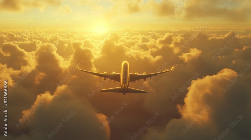 airplane peacefully floating up into a golden sky with puffy clouds airplane peacefully floating up into a golden sky with puffy clouds