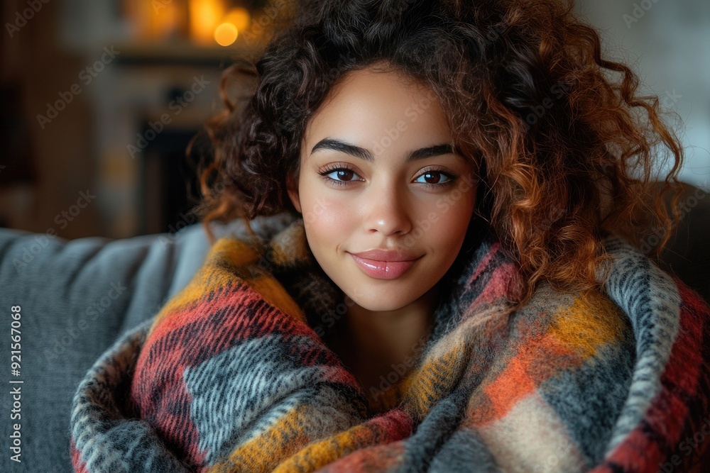Cozy Autumn Portrait of Smiling Woman Wrapped in Warm Plaid Blanket Cozy Autumn Portrait of Smiling Woman Wrapped in Warm Plaid Blanket