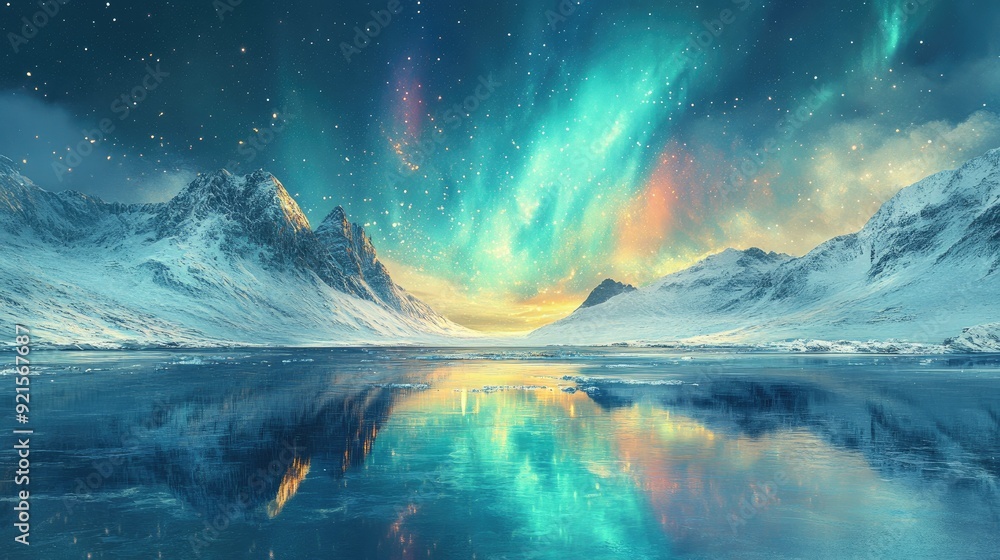 Stunning Northern Lights Over Frozen Lake and Snowy Mountains at Night Stunning Northern Lights Over Frozen Lake and Snowy Mountains at Night