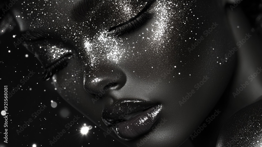 Glittering Glamorous Portrait of a Woman with Sparkling Makeup in Black and White Glittering Glamorous Portrait of a Woman with Sparkling Makeup in Black and White