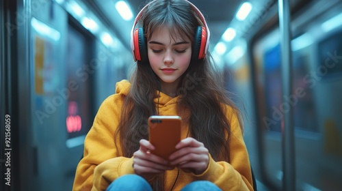 Young Woman with Headphones Using Smartphone on Subway Train in Vibrant Urban Setting photo