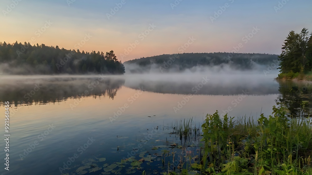 lake with a misty sunrise over the trees. lake with a misty sunrise over the trees.