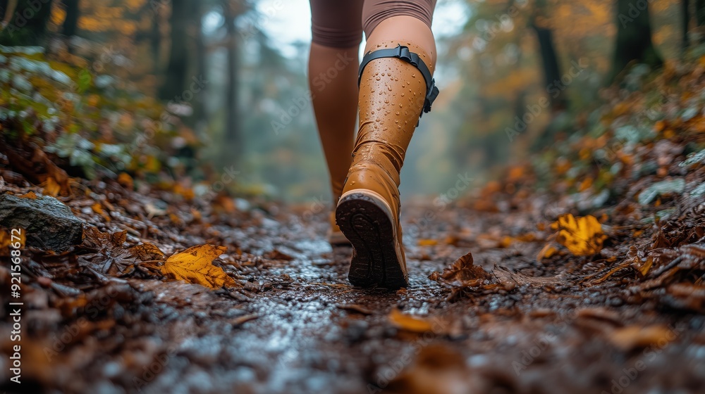 A person with a brace on their knee, walking cautiously on a forest trail, symbolizing the ongoing process of recovery and the adaptation needed to manage chronic pain in daily life, Copy space for A person with a brace on their knee, walking cautiously on a forest trail, symbolizing the ongoing process of recovery and the adaptation needed to manage chronic pain in daily life, Copy space for