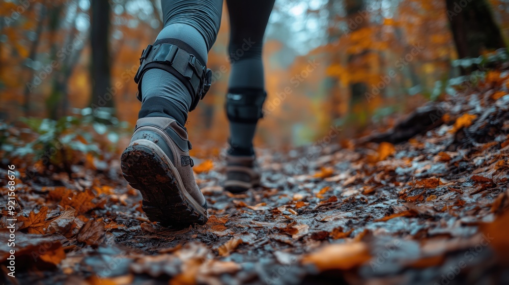 A person with a brace on their knee, walking cautiously on a forest trail, symbolizing the ongoing process of recovery and the adaptation needed to manage chronic pain in daily life, Copy space for A person with a brace on their knee, walking cautiously on a forest trail, symbolizing the ongoing process of recovery and the adaptation needed to manage chronic pain in daily life, Copy space for
