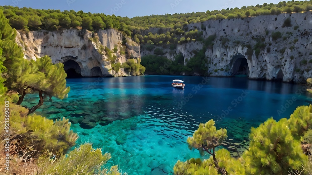 Fototapeta premium beautiful blue lake with caves and green trees.