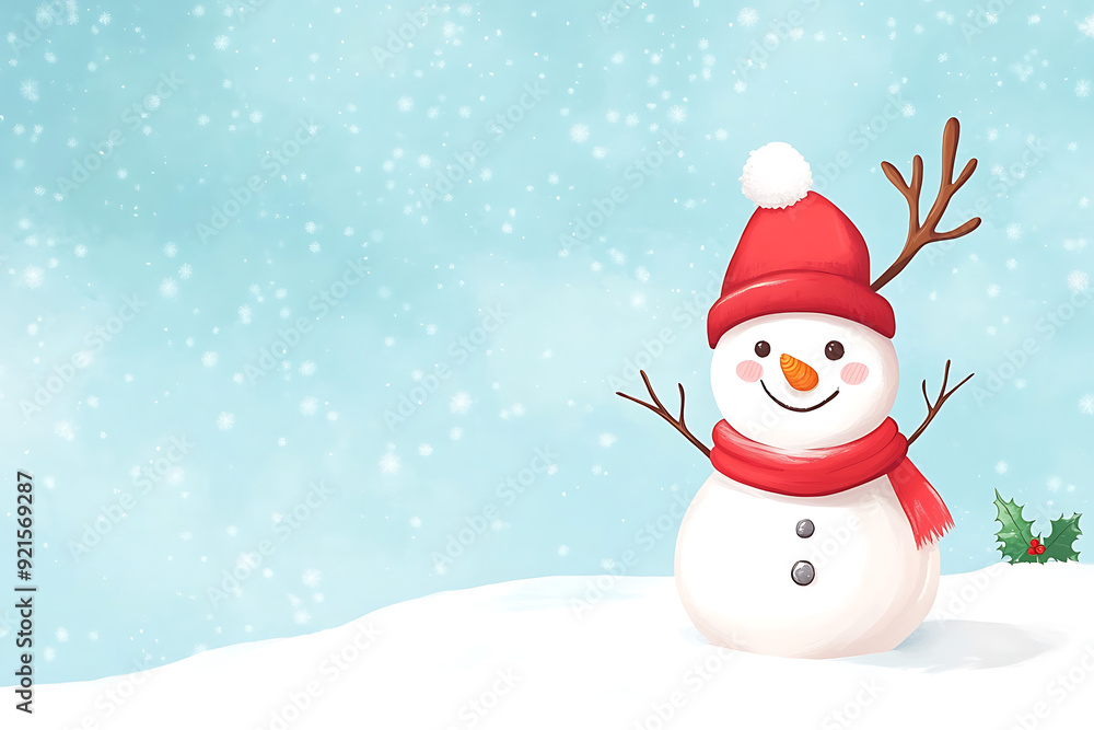 A cheerful snowman wearing a red hat and scarf with twig arms, standing in a snow-covered landscape during gentle snowfall, capturing the festive spirit. A cheerful snowman wearing a red hat and scarf with twig arms, standing in a snow-covered landscape during gentle snowfall, capturing the festive spirit.