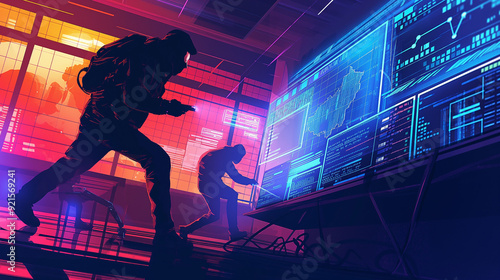 a dynamic scene showing a cyber attacker attempting to breach a network while cybersecurity professionals respond with countermeasures for digital data protection 