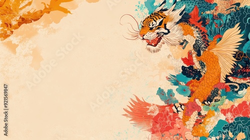 Artistic abstract composition with auspicious animals such as tigers, dragons, and owls, set against a tranquil background with room for text photo