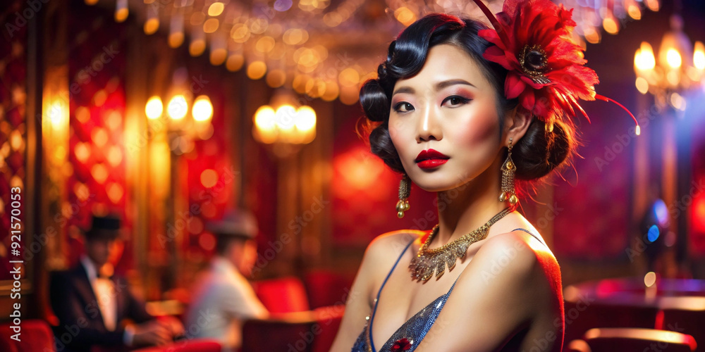 Close-up portrait of a woman in traditional Asian attire, with flowers in her hair against a bright background symbolizing cultural beauty Close-up portrait of a woman in traditional Asian attire, with flowers in her hair against a bright background symbolizing cultural beauty